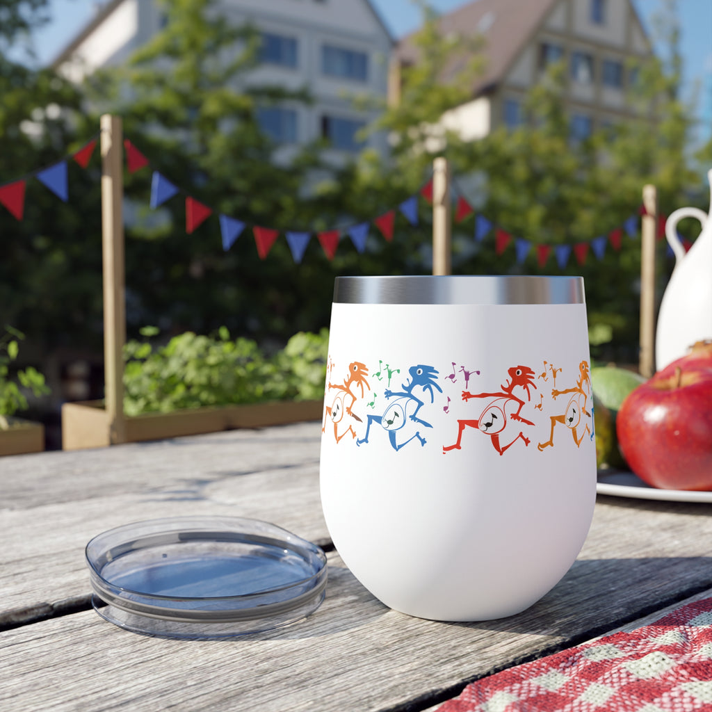 Rainbow Kokopelli Dancers copper vacuum insulated cup, 12oz | Southwestern flute design