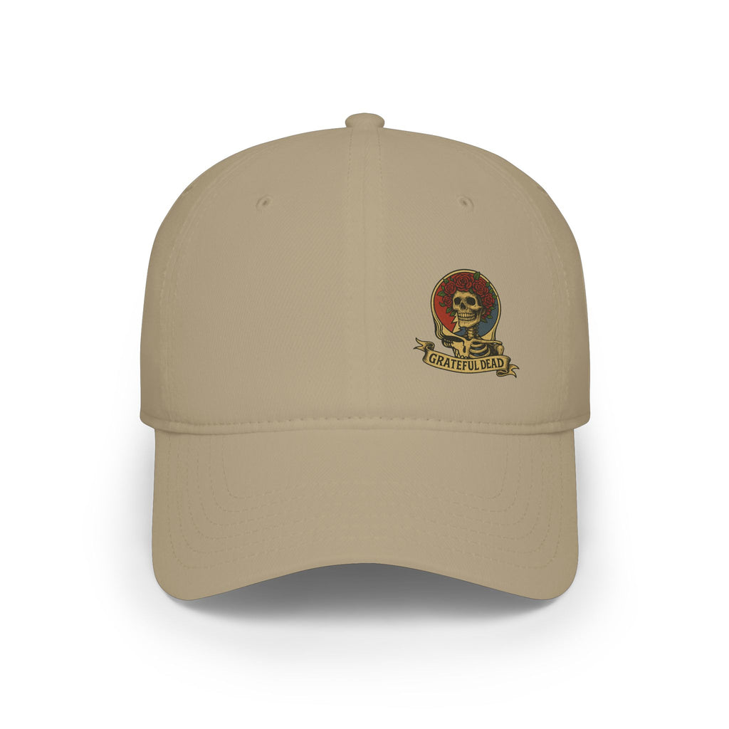 Grateful Dead  Hat | Off-Center Printed Logo Skull & Roses Cap | Deadhead Vintage Low Profile Hat