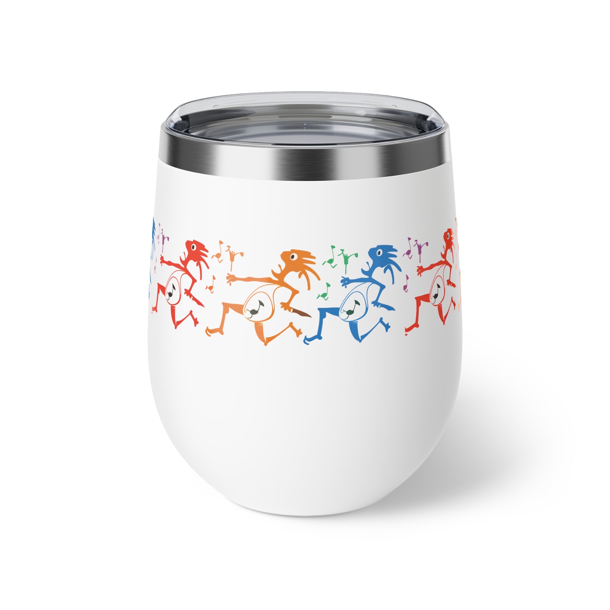 Rainbow Kokopelli Dancers copper vacuum insulated cup, 12oz | Southwestern flute design