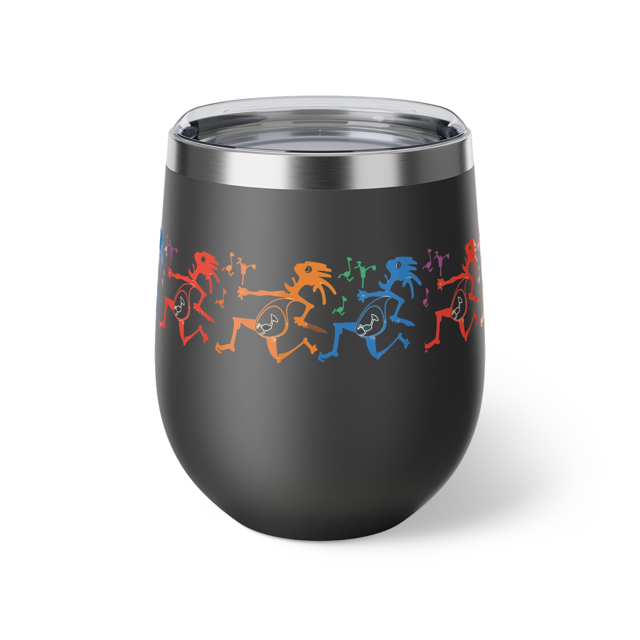 Rainbow Kokopelli Dancers copper vacuum insulated cup, 12oz | Southwestern flute design