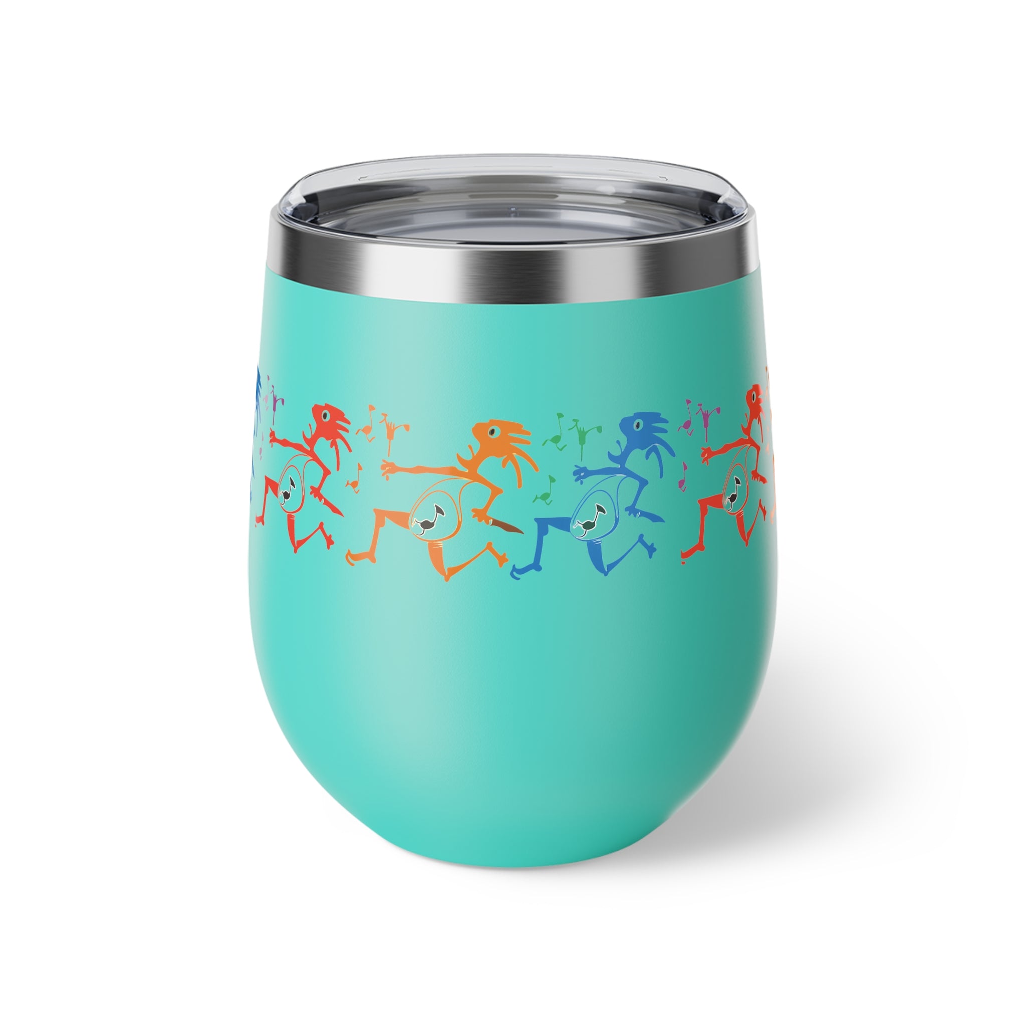 Rainbow Kokopelli Dancers copper vacuum insulated cup, 12oz | Southwestern flute design