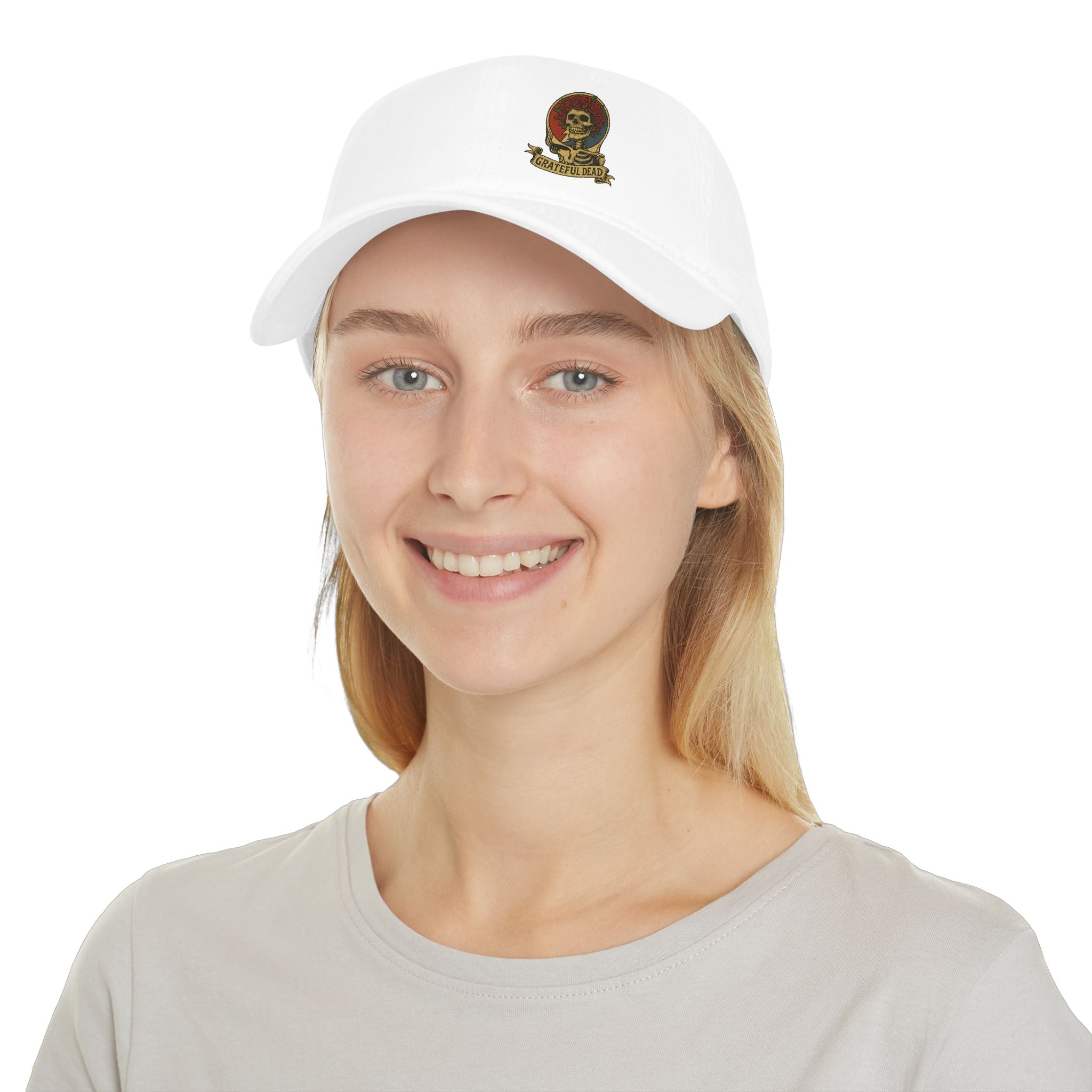 Grateful Dead  Hat | Off-Center Printed Logo Skull & Roses Cap | Deadhead Vintage Low Profile Hat
